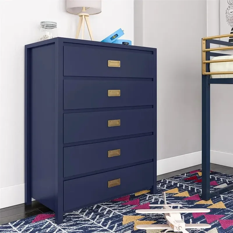for Custom Navy Blue Simple New Chinese Wooden 5 Drawers Chest Closet Dresser Cabinet for Bedroom Living Room Collection