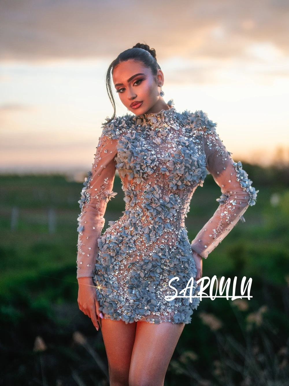 

Dusty Blue 3D Flower Beaded Mini Cocktail Dress Long Sleeve High Neck Sheer Bodycon Party Shimmering Evening Gown Customized