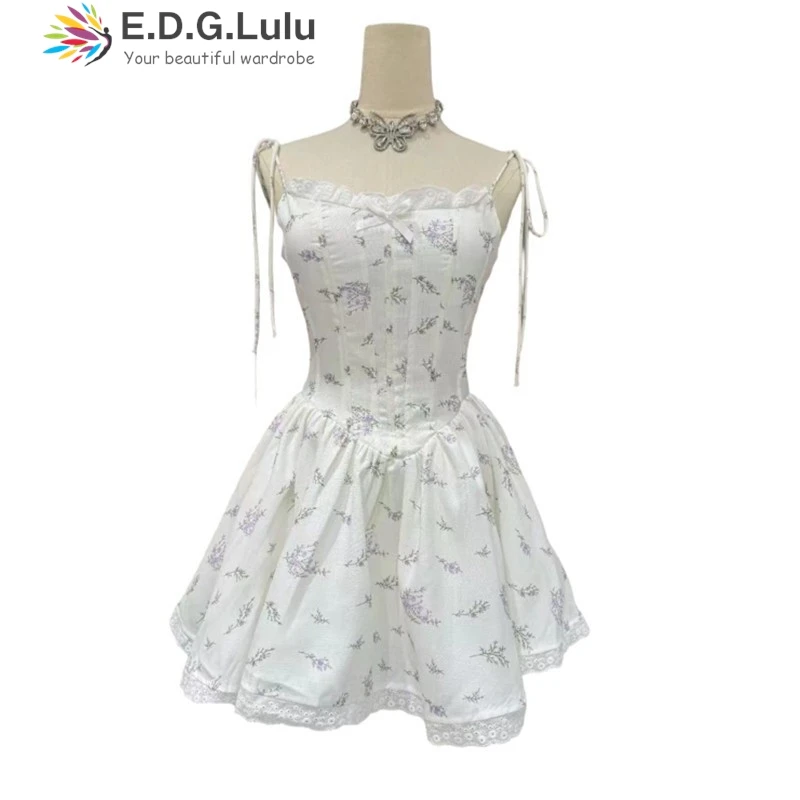 EDGLuLu Sommerkleid mit quadratischem Kragen, Spitze, Spleißen, Hosenträger, Damen, 2022, Strandurlaub, rückenfrei, Blumendruck, Minikleid