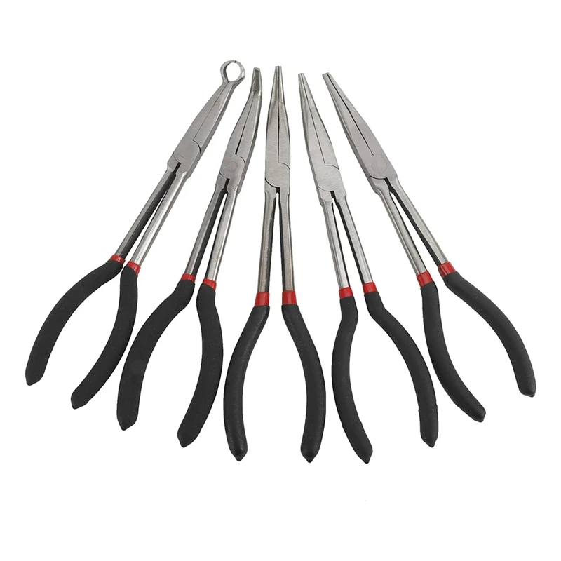 5PCS Long Needle Nose Pliers Set 25/45/90-Degree Angle, Straight,Curved Pliers,O-Shape Clamp Long Nose Pliers