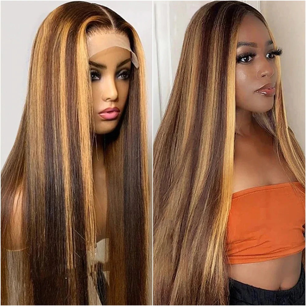 13x4 Evidenziare Osso Dritto Anteriore Del Merletto Parrucca Dei Capelli Umani Brasiliano 13x6 Hd Marrone 4/27 Parrucche Frontali Del Merletto Colorate Per Le Donne 40 pollici