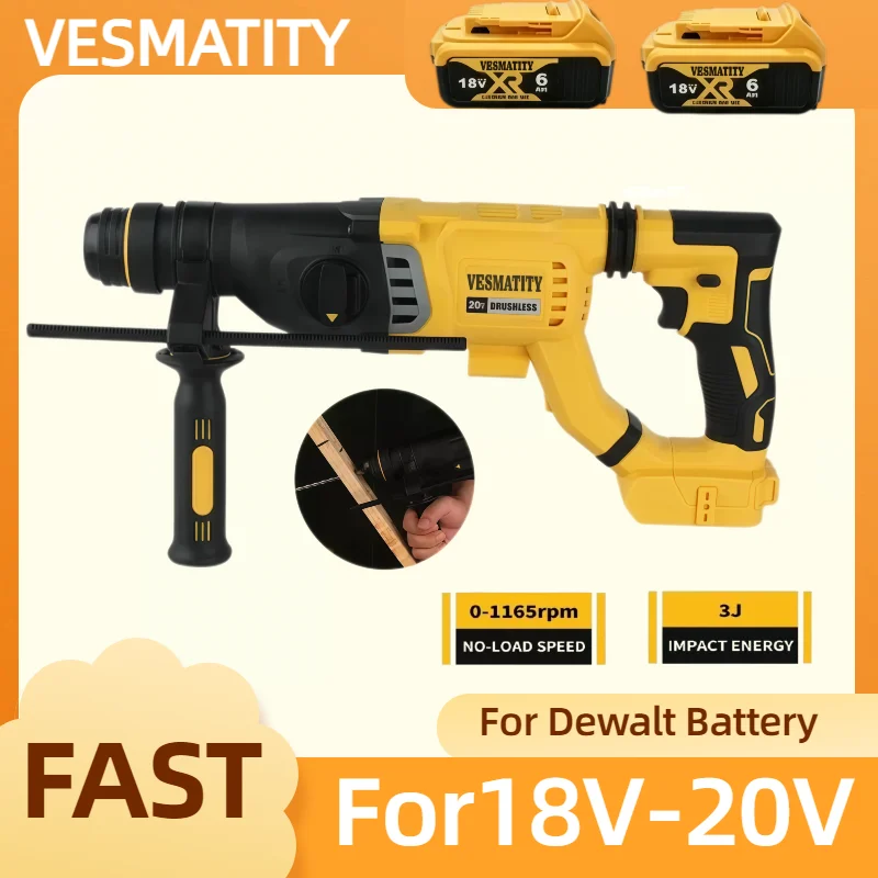 Wireless Hammer - SDS Handle, Rotary Function for Concrete Wall Drilling - Ideal Power Tool For Dewalt Battery