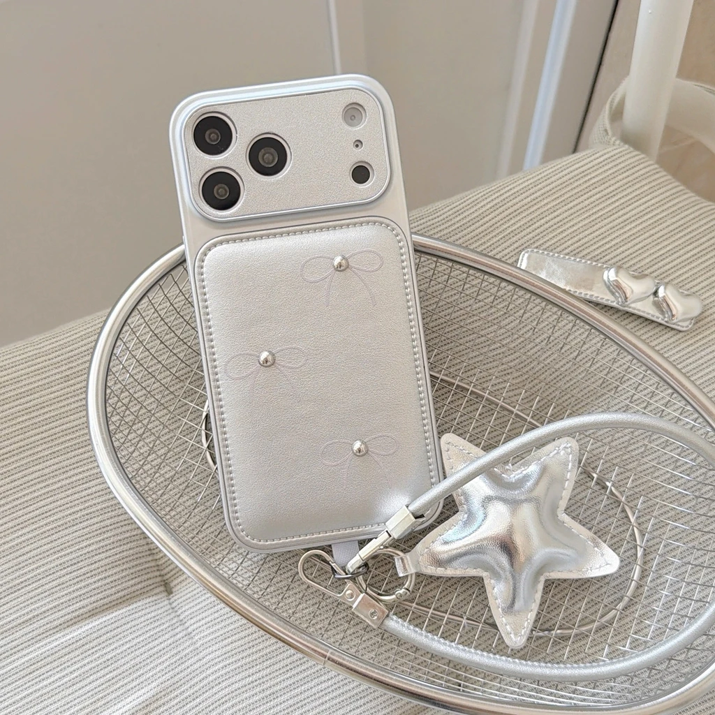 Simple Faux Leather Bow DIY Silver Beads With Star Pendant Lanyard Shock Proof Phone Cover Case for iPhone 17 16 15 14 Pro Max