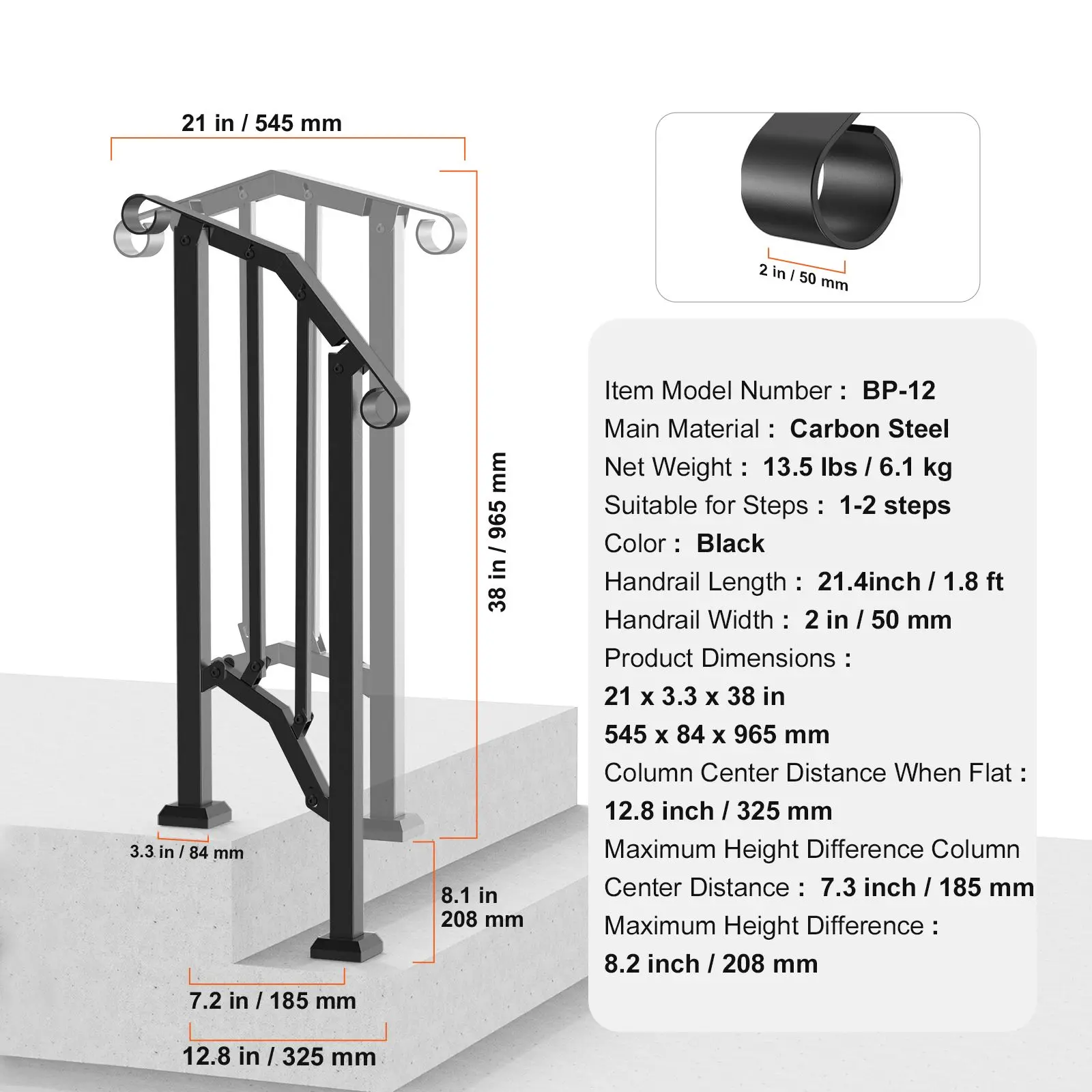 Handrails for Outdoor Steps, 1-2 Step Stair Hand Rail Kit, Transitional Carbon Steel Railings with Installation Kit, Stair Rails for Seniors, Concrete Steps & Porch & Deck, Black Retro Arch