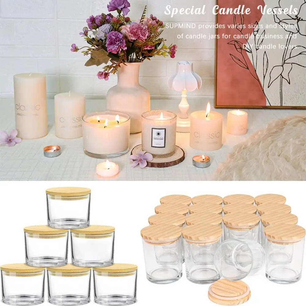 

C2 Clear Glass Candle Jars Small Wide Mouth Empty Candle Containers Glass Crafts Airtight Bamboo Lids Glass Aromatherapy Tray