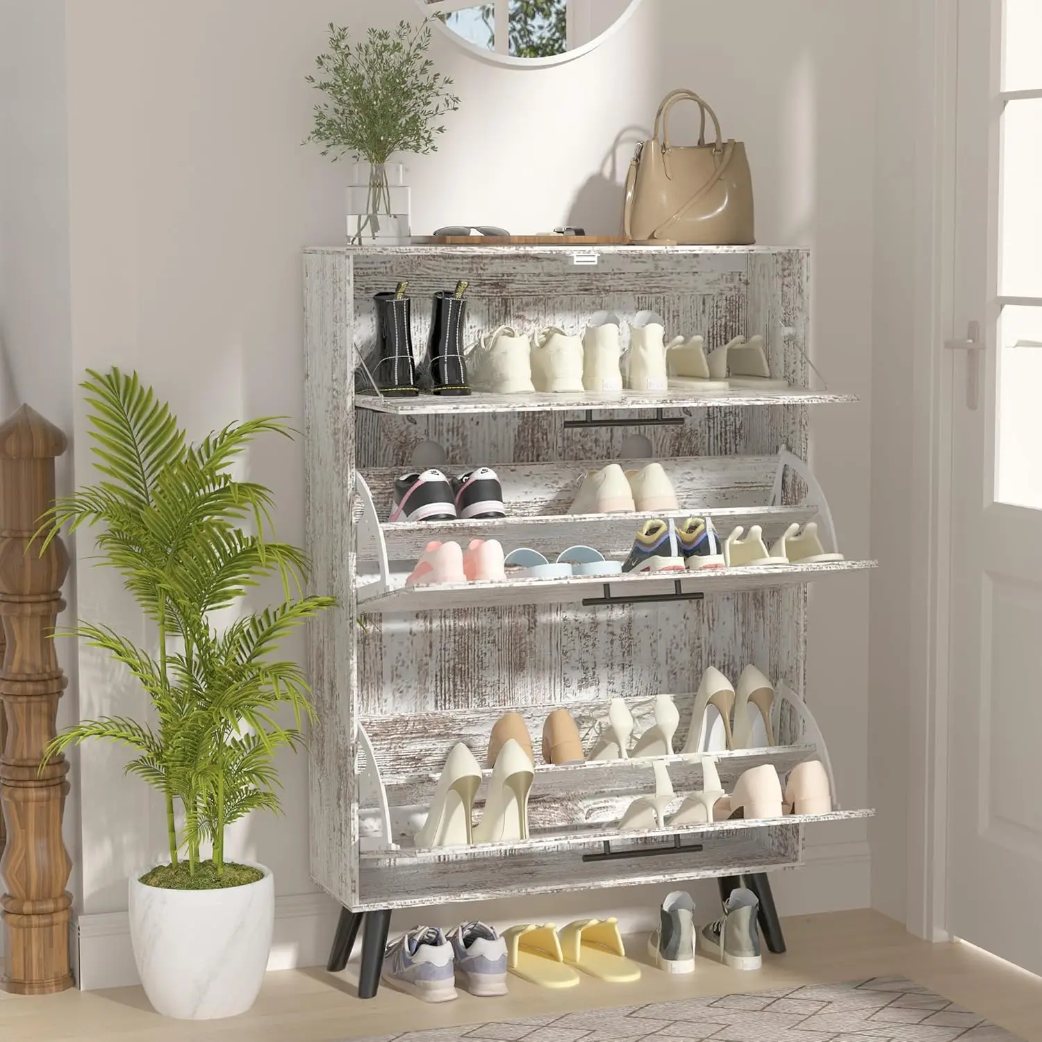 خزانة أحذية ضيقة للمدخل مع درجين قابلين للطي، خزانة أحذية قائمة بذاتها للمزرعة، منظم أحذية خشبي نحيف #2
