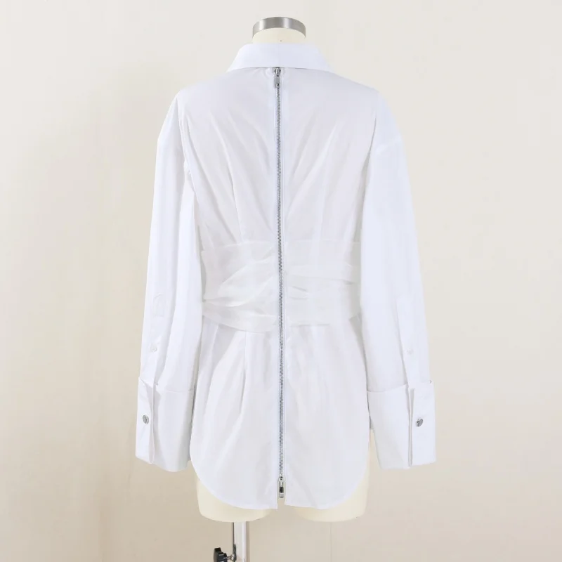 Chemise mi-longue à col taille haute pour femme, en coton organza, fermeture éclair au dos, y2k, haute qualité, à la mode, nouvelle collection automne