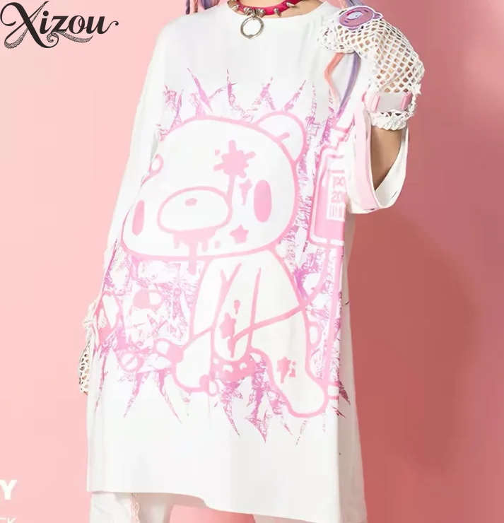 Short-sleeved T-shirt Women's Harajuku Subculture Y2k Clothes Summer Cartoon Bear Printed Gothic Oversized Tee Crew Neck Tees