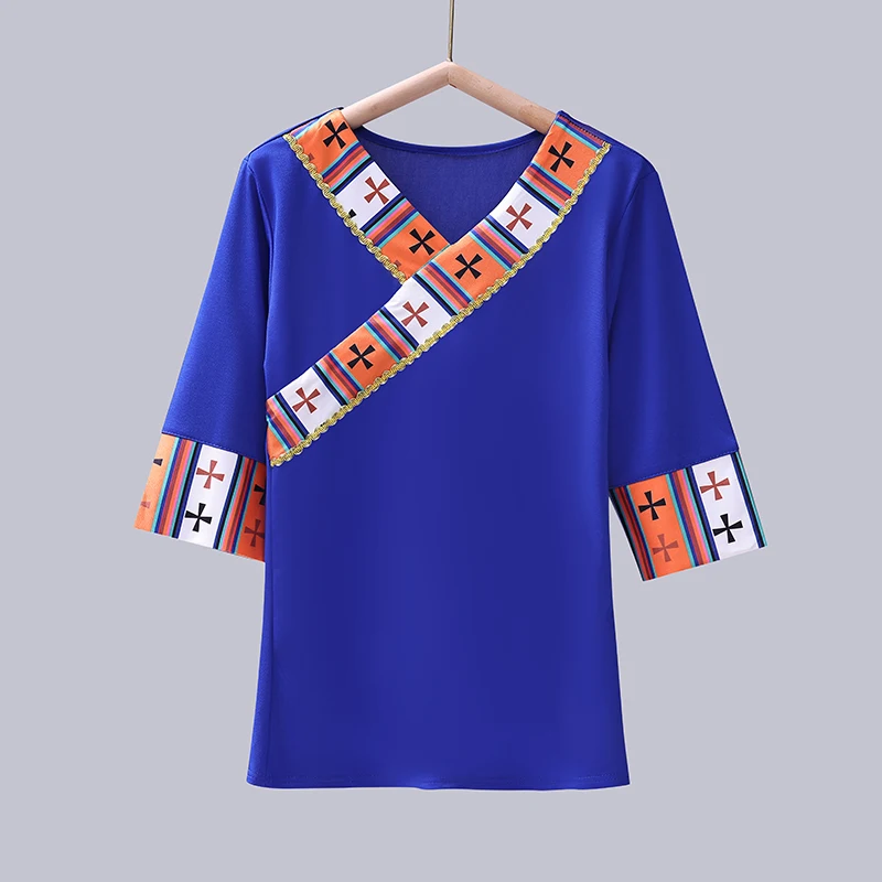 Tibetan Performance Clothing T-shirt Top Mongolian Traditional National Dance Ethnic Costumes Hmong Clothes Folk Dance Wear