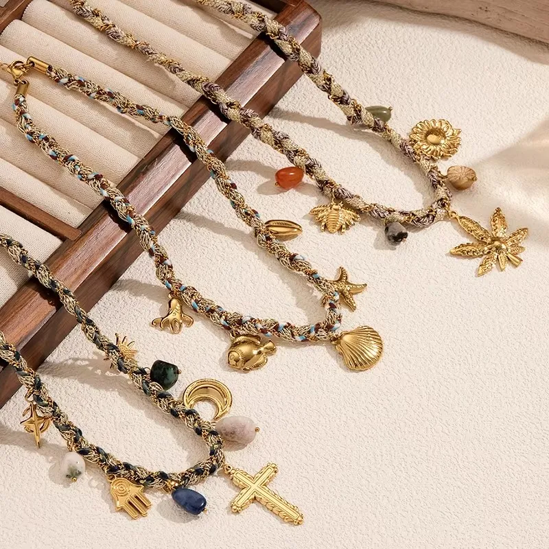 Multi element hand woven DIY necklace, cross, heart shape, stars and moon, vortex, leaves, starfish shells, charming jewelry