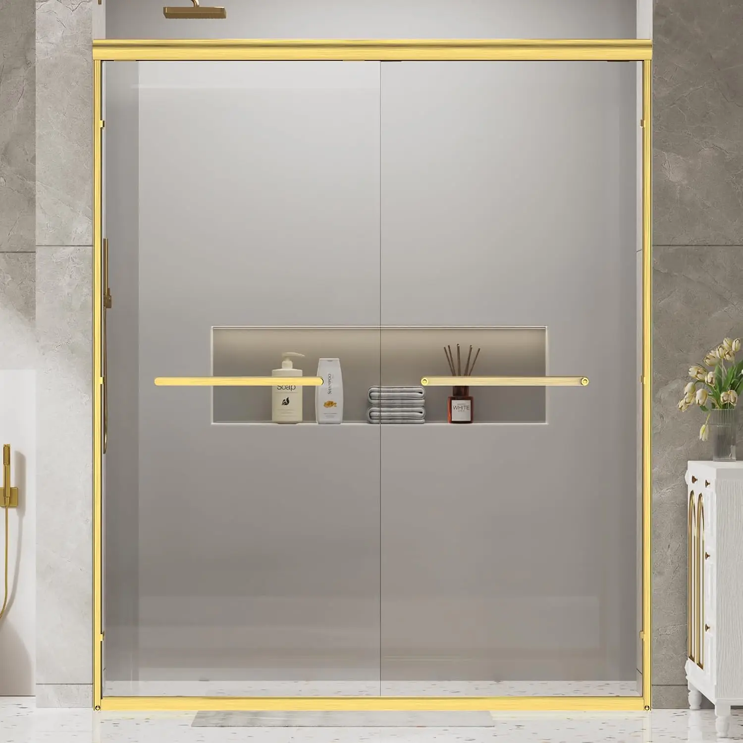 Semi Frameless Brushed Gold Aluminum Tempered Glass Shower Door Handrail