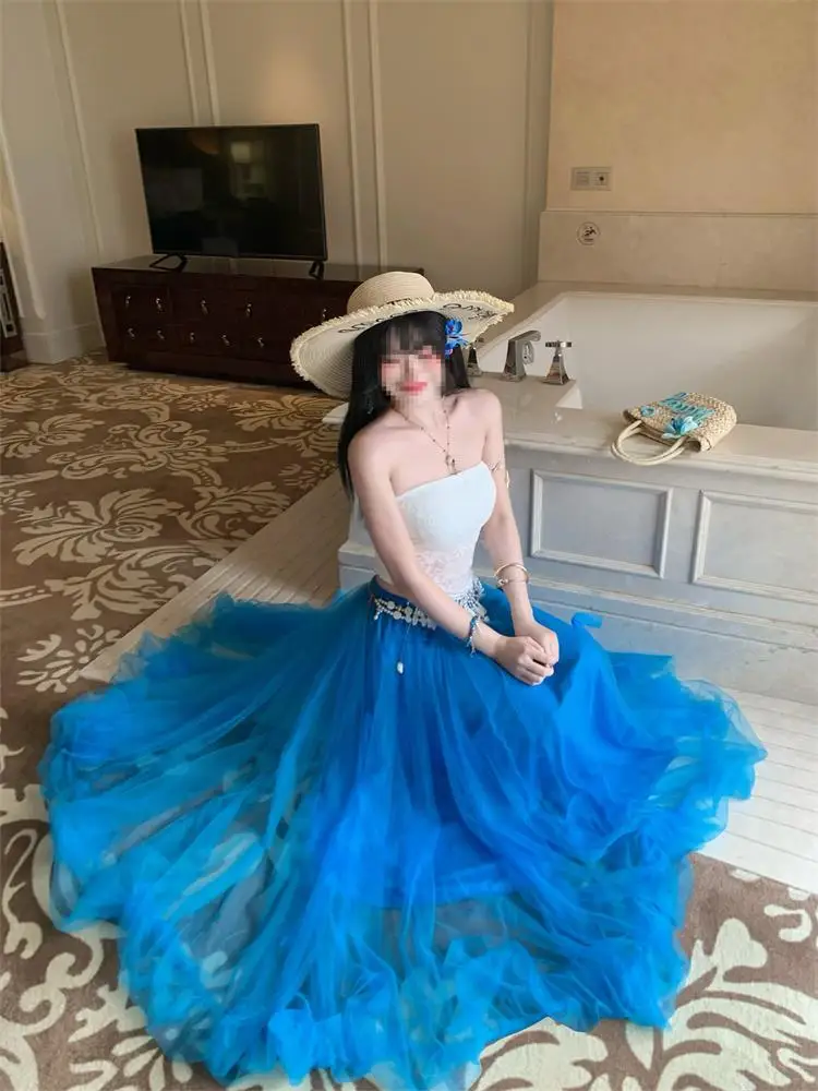 Travel Vacation Lace Frill Half Skirt Women's Klein Blue Large Swing Net Gown High Waist A-Line Skirt Casual  Knot
