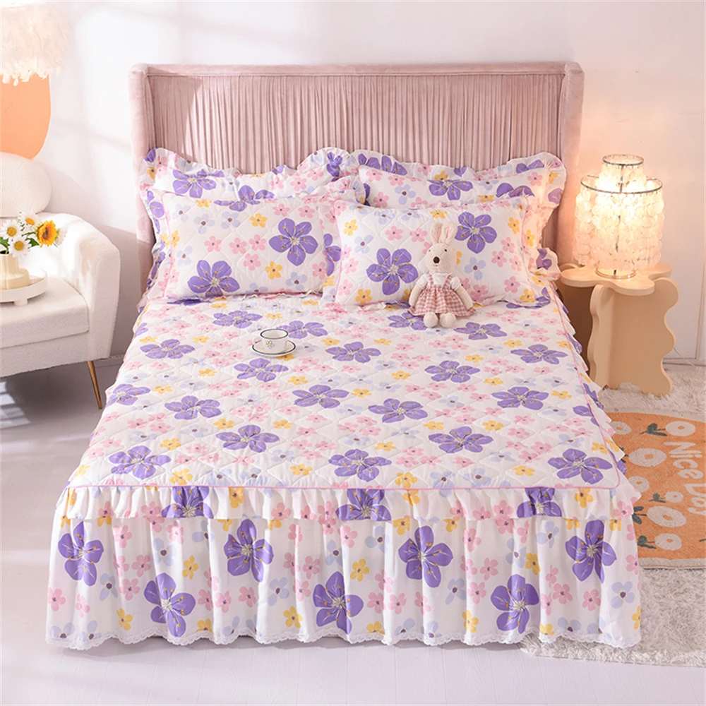 

High Grade 100% Cotton Bed Skirt Floral Plant Printed Dustproof Bedspread King Queen Size Bedding Pure Cotton Thicken Bed Skirt