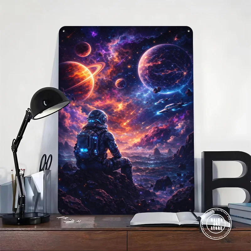Astronaut Gazing At Cosmic Nebula and Planets Personalized 3D Textured Metal Poster Wall Art Tinplate Sign for Bathroom Decor