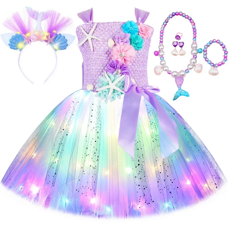 Princess Mermaid Dress for Girls LED Light Up Ocean Themed Birthday Party Tutu Dress Clothes Halloween Costume for Kids Vestidos