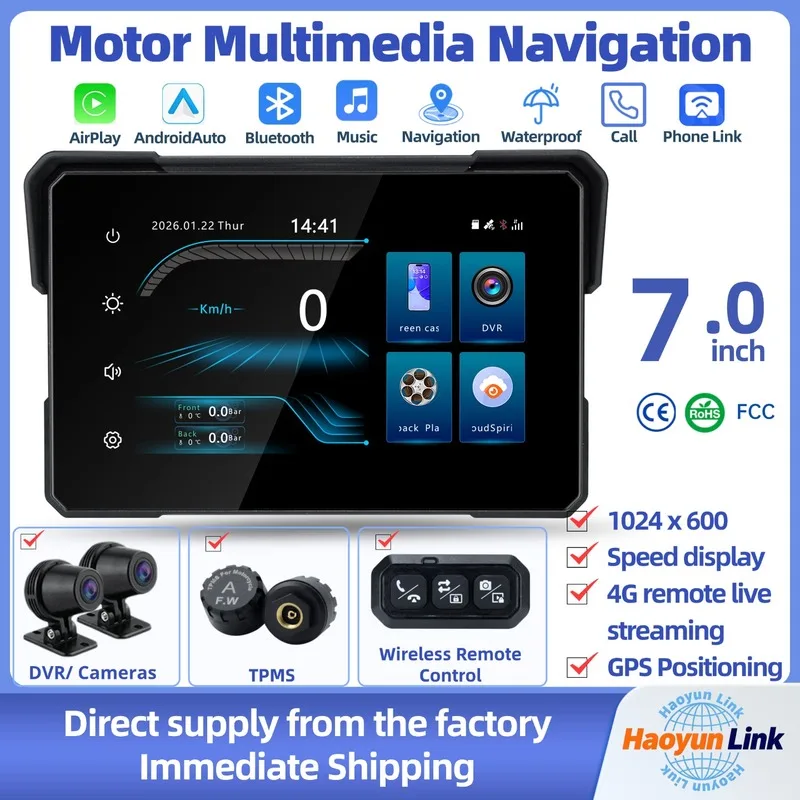 【New】7.0 Motorcycle CarPlay dashcam, Remote live streaming, with HD DVR，TPMS.