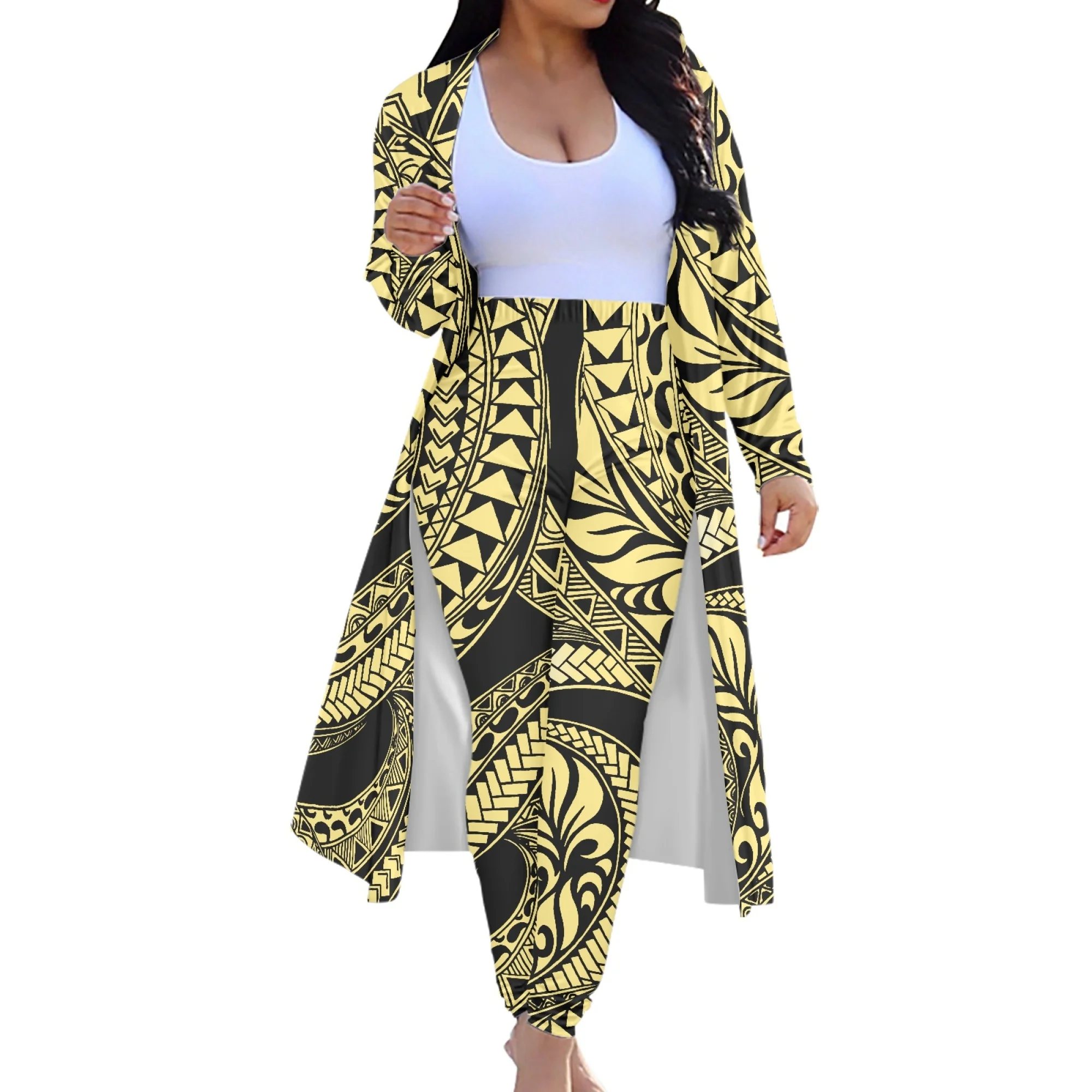 Fashion Custom Spring/Summer Women'S Caped Coat Casual Loose Long Sleeve Pant Suit Polynesian Women'S Long Sleeve Commuter Wear