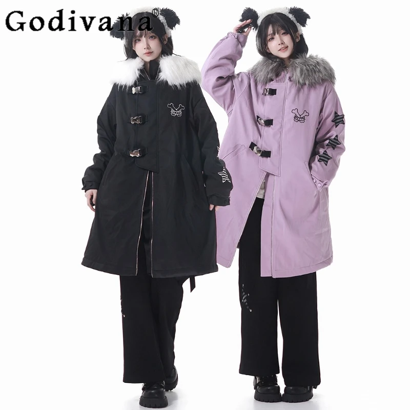 

Оригинальный дизайн, студенческая милая крутая длинная парка, зимняя новинка 2025 года, женская свободная тонкая плюшевая куртка на молнии с капюшоном, пуховые парки