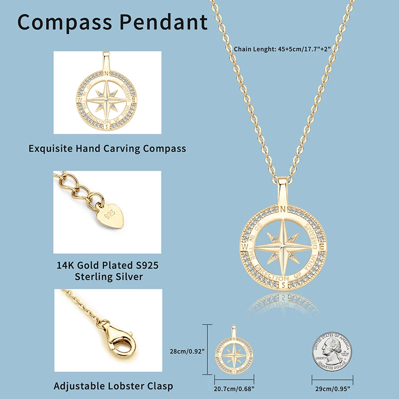 RAPRGOLD 925 Sterling Silver Compass Exquisite Necklaces Round Zircon Pave Setting Pendant Necklace Women Fashion Jewelry Gift