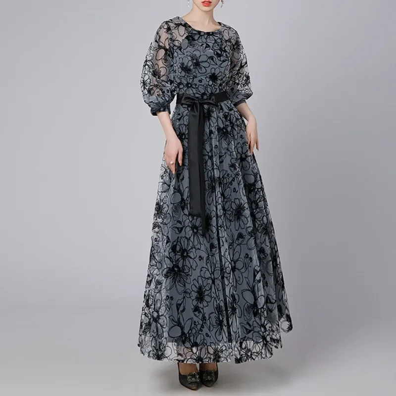 High Quality Elegant O-Neck Dress French Romance Gauze Printed Fashion Long Dresses Women Vestides 2024 New Spring Summer