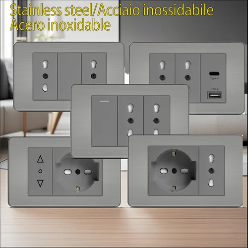 Enchufe de diseño italiano compatible con Schuko 118x75 mm - Acero inoxidable con soporte de enchufe USB-C y CL ​   para la actualización del hogar de América Latina ​