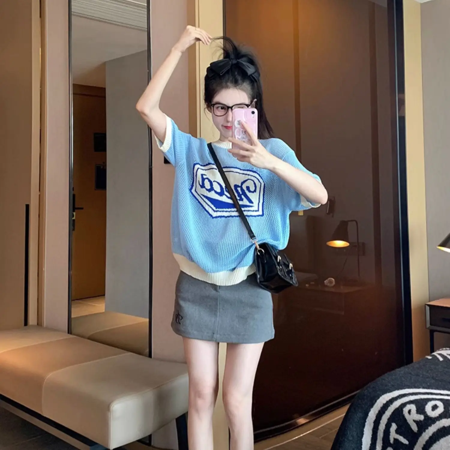 Korea Blue Hollowed Out O-Neck Letter Short Sleeve Women'S Pullover Top Summer T-Shirt Korean Simple Loose Casual