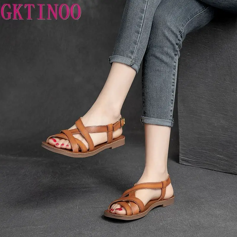 GKTINOO Summer Sandals Ladies Open Toe Genuine Leather Women Sandals New Hollow Retro Handmade Comfortable Outdoor Beach Shoes