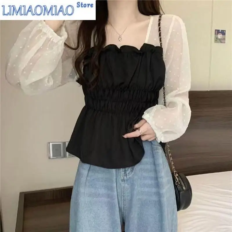 

Classic Color Matching Fashion Net Penetration Ruffles Blouse Women New Long Sleeve Slash Neck Slim Korean All--match Lady Shirt