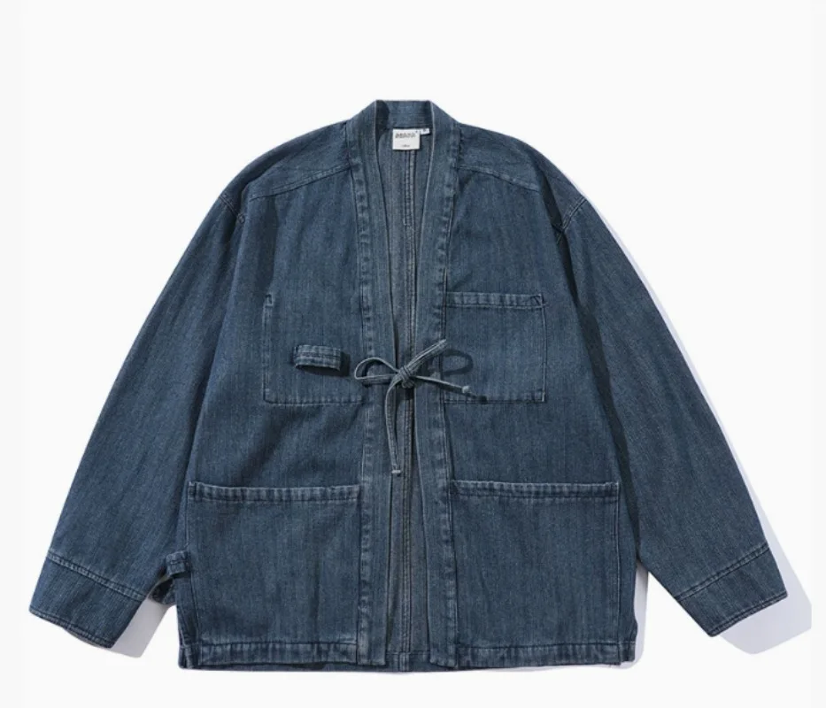 

Japanese Men Kimono Jacket Streetwear Fashion Cardigan Denim Windbreaker Jackets Men Harajuku With Embroidery Plus Size