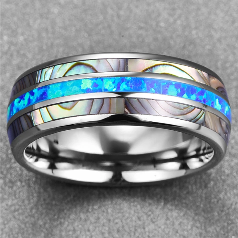 Nuncad 8mm Blue Opal Tungsten Carbide Rings Inlaid Natural Shells Anniversary Party Jewelry Gift Silver Color Rings T151R