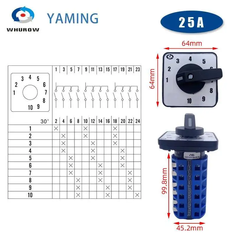 20A 25A LW26 YMW26 Rotary Cam Switch 64X64mm Panel 660V 25A 6 Poles For Welding Machine 10 Position Silver Contact