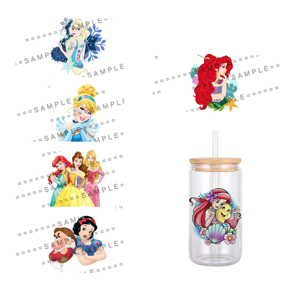 11x12cm Cartoon Disney Princess Pattern UV DTF Waterproof Transfers Decals For 16oz Glass Cup Wrap Stickers