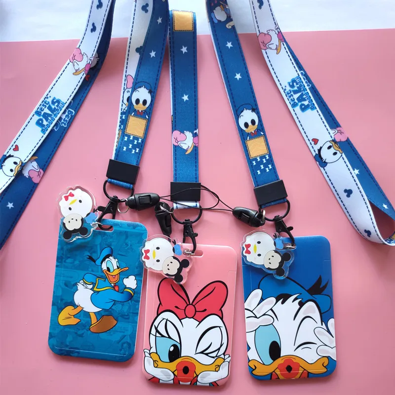 Disney Kawaii ID Card Cover Donald Duck cartoni animati Student Campus Card Cover e cordino regali porta carte di credito portatili all'aperto