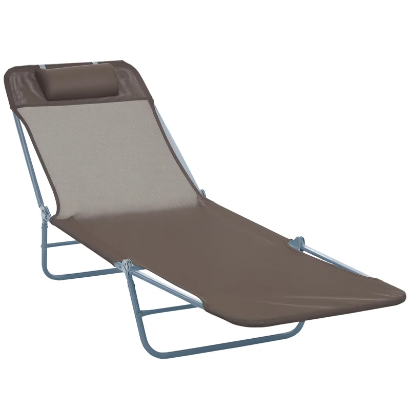Tumbona plegable ajustable, tumbona de jardín, silla de terraza con reposacabezas de 5 posiciones, capacidad de peso de 120 kg, color marrón