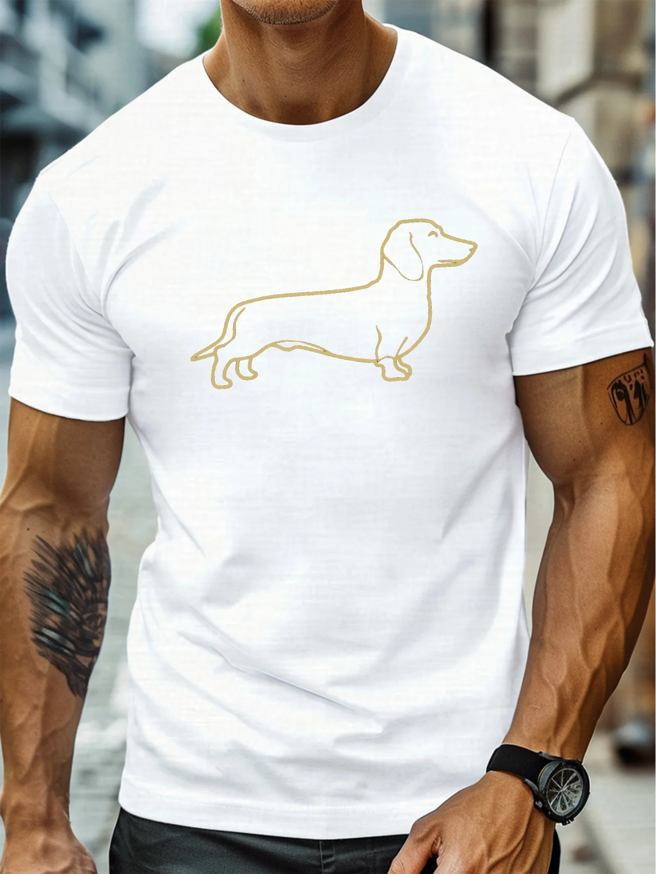 

Черный контурный принт таксы на мужской футболке с круглым вырезом и короткими рукавами, повседневный и легкий топ, идеально подходящий для лета.