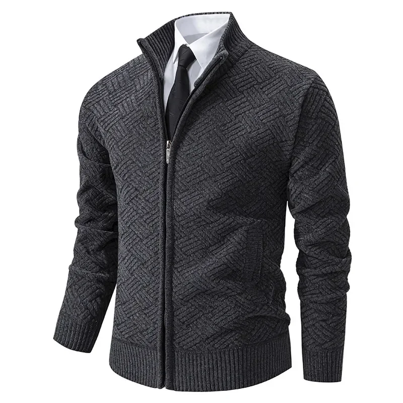 Fashion Luxury Clothes Men Cardigan Coat Geometric Zipper Fly Stand Collar Business Formal Men Knitted Sweater Jacket for Men