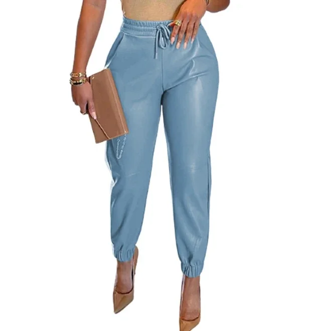 السراويل النسائية 2025 الخريف الشتاء أحدث الصلبة الرباط جيب بولي Leather الجلود موضة عادية ملزمة القدم السراويل الجلدية الطويلة