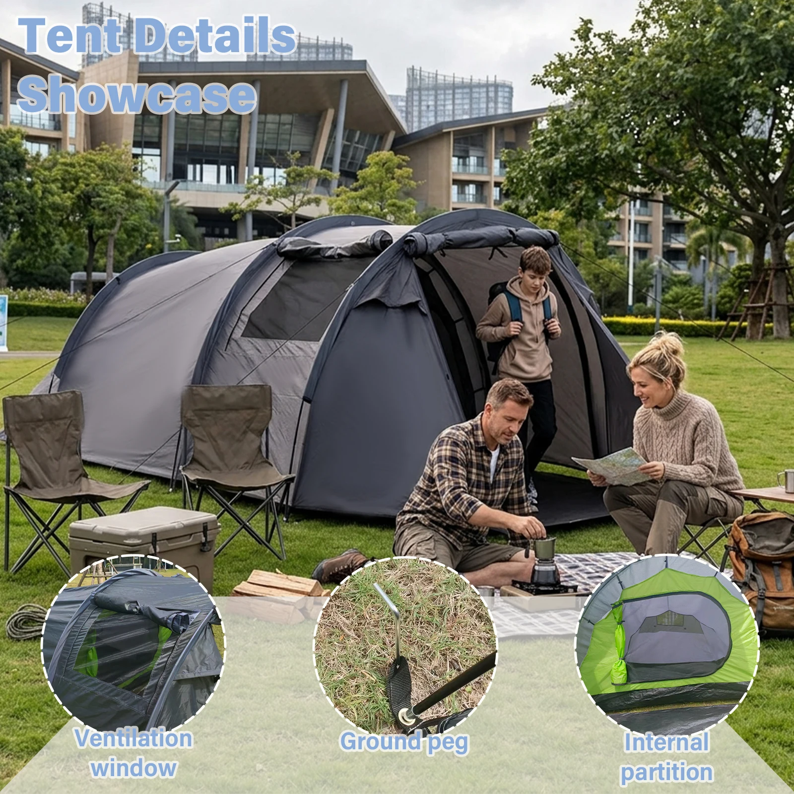 Outdoor Tunnel Tent 2-3 Person Double Layer Camping Tent with Ventilation Window Front Porch for Garden Seaside