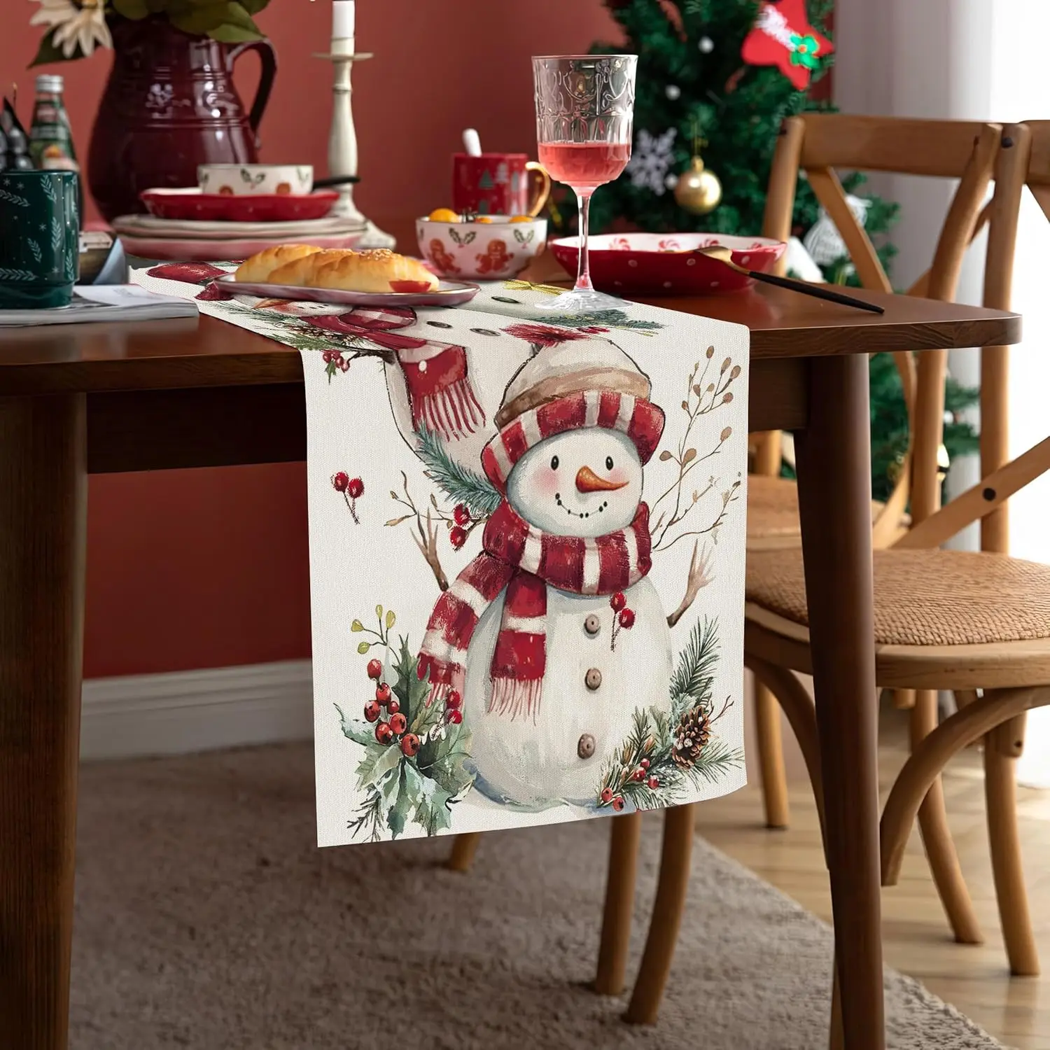 Christmas Snowman Pine Needle Linen Table Runner Party Decor Reusable Xmas Kitchen Dining Table Runner Christmas Decorations