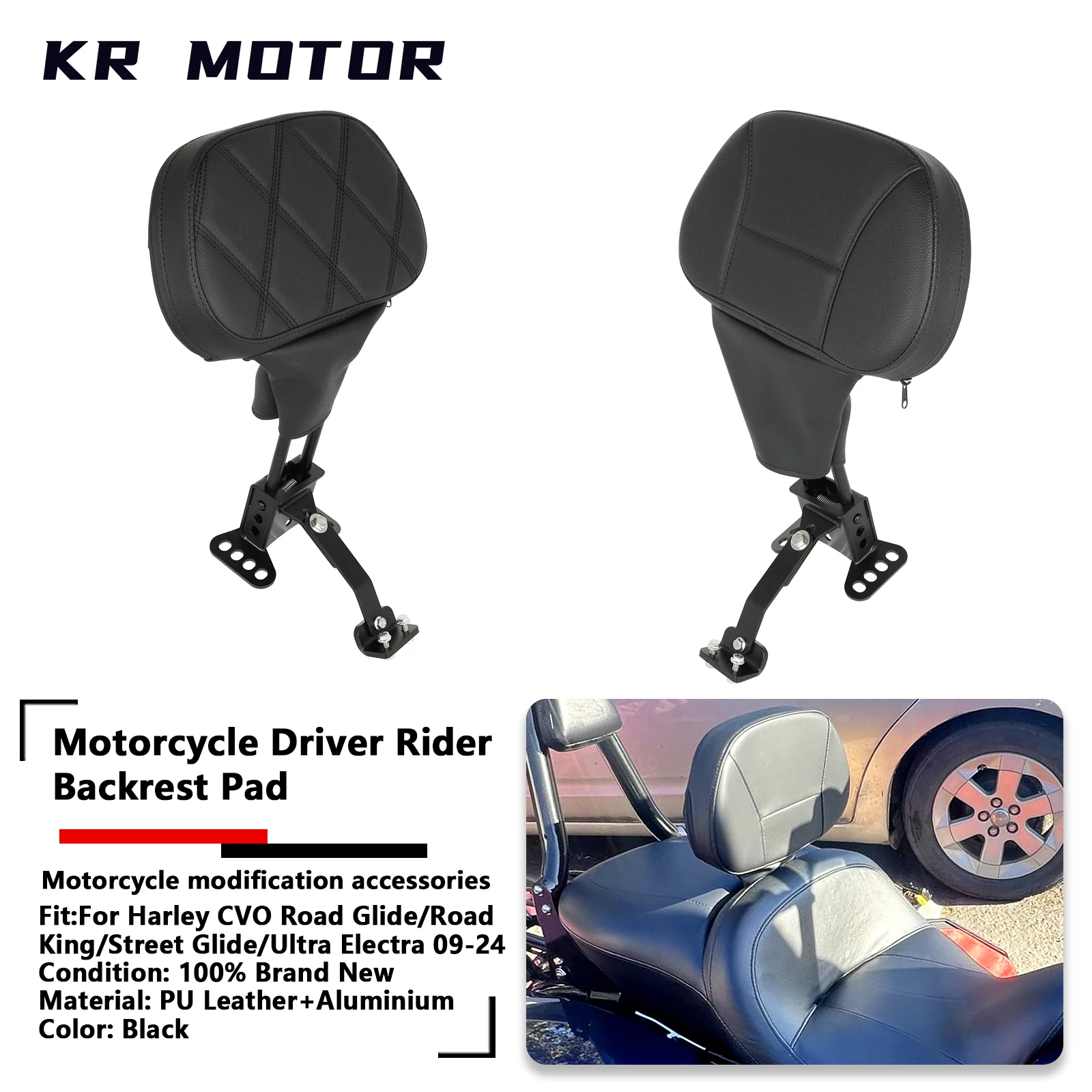 Fits For Harley CVO Road Glide/Street Glide/Road King/Ultra 2009-2024 Motorcycle Driver Rider Backrest Pad Detachable Adjustable