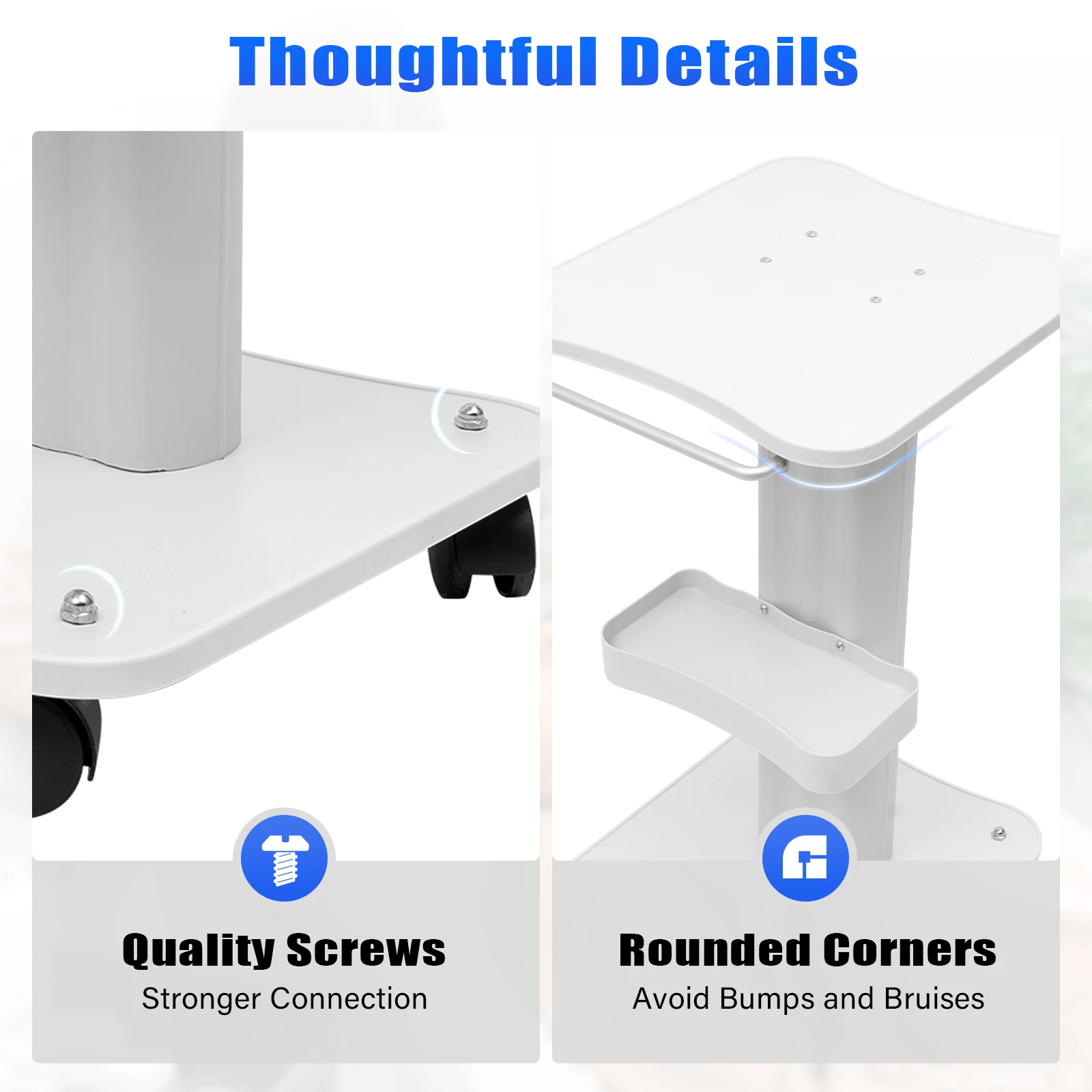 White Salon Trolley – Wooden Board & Metal Cart with 360° Rotating Casters, Large Handle, and Quiet Movement for Spa & Salon image 6