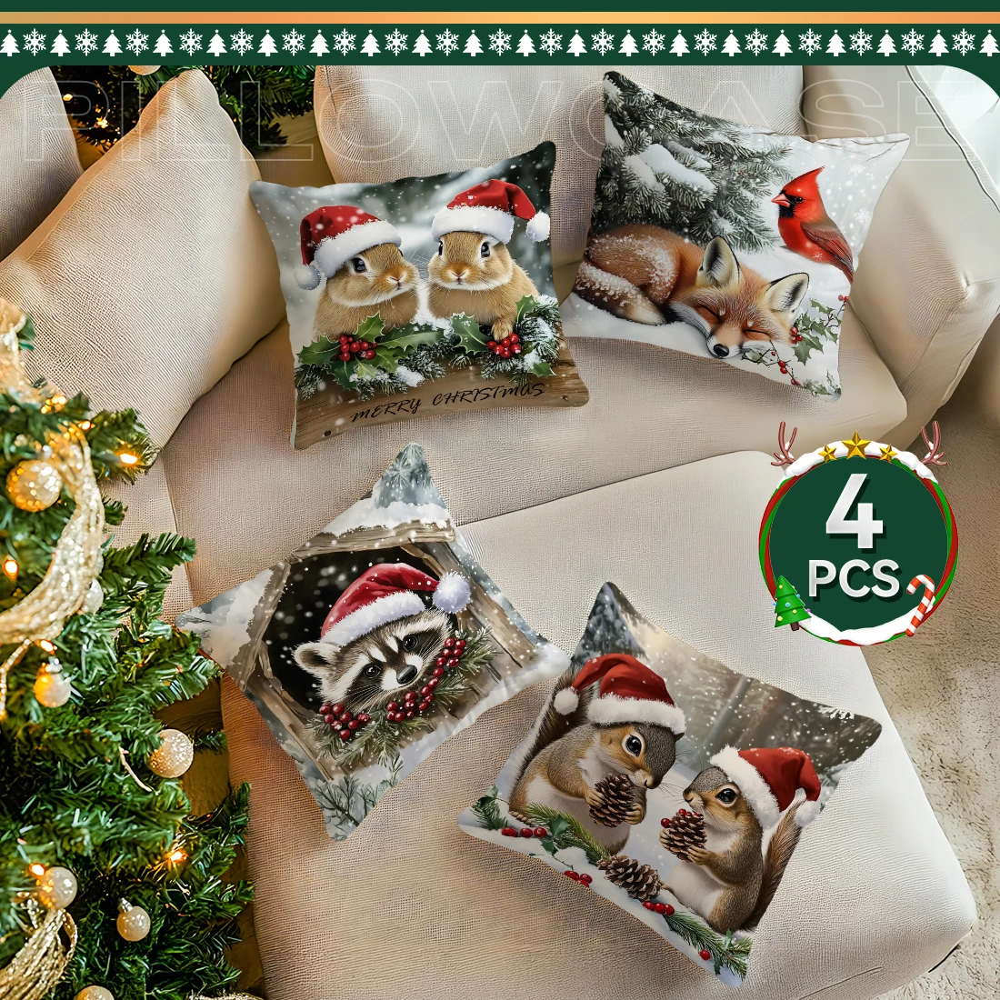 

Рождественские животные, снежная сцена, подушки, наволочка, наволочка, декоративная подушка для дивана, наволочка, домашний декор автомобиля