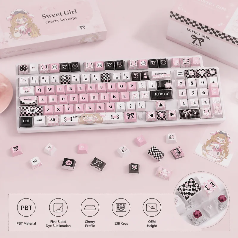 Pink Plaid Cute Keycaps,138 Keys Dye Sublimation Cherry Profile Doubleshot Custom PBT Keyboard Keycaps For Mechanical Keyboards