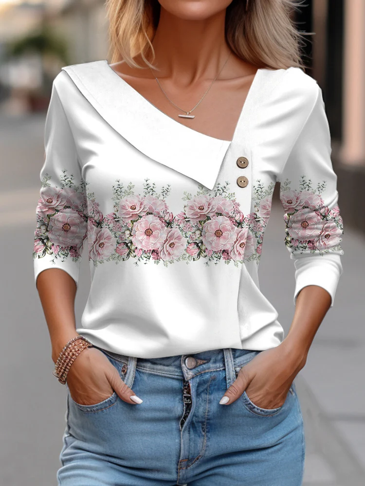 Blusa estampa floral de manga comprida feminina, blusa branca, camisas da moda, outono, roupas de inverno, 2024