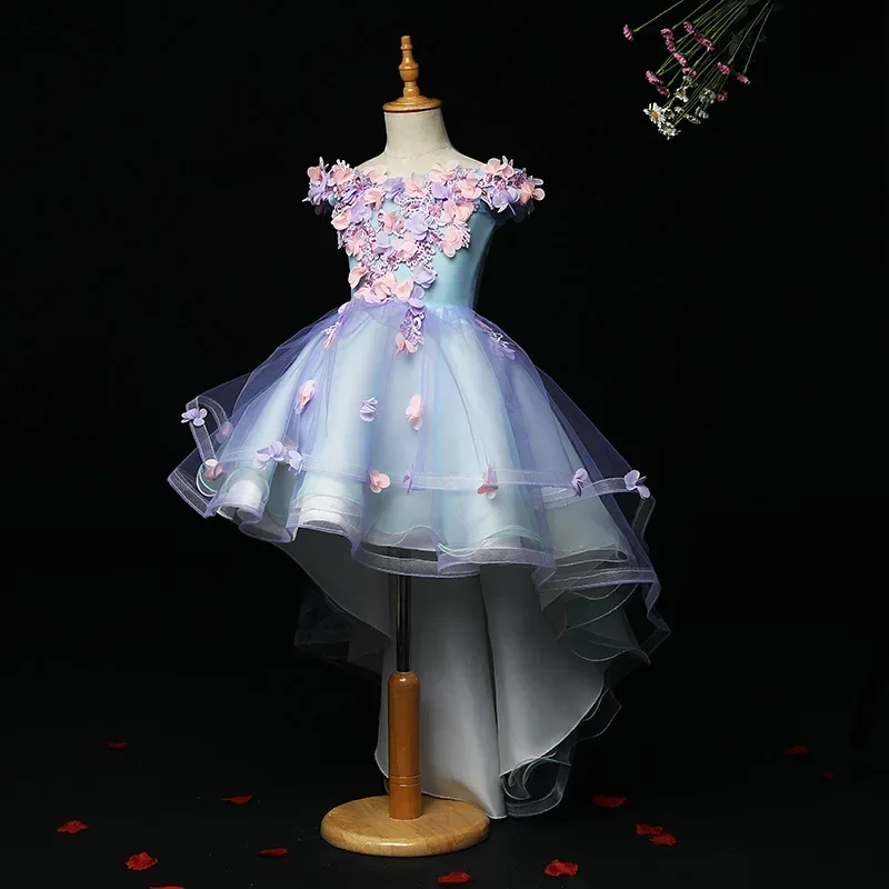 

Kids' Floral Appliqué Off-Shoulder High-Low Tulle Princess Dress for Party & Wedding, Perfect for First Christmas