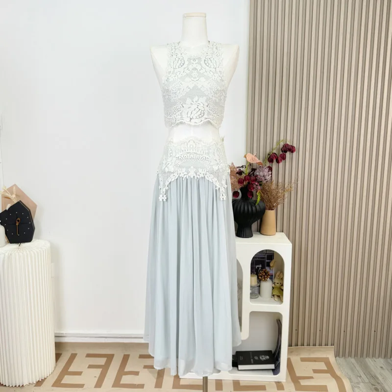

High Quality Sweet Fashion 2 Piece Set For Women Lace Vest Top + High Waist Long Skirt Sets French Lady Summer Two Piece Outfits