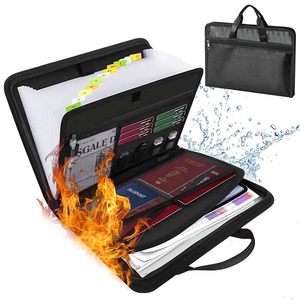 1PC Fireproof Accordion File Organizer 13-Pocket Expandable A4 Document Bag with Waterproof Zipper Labels for Home Office Travel