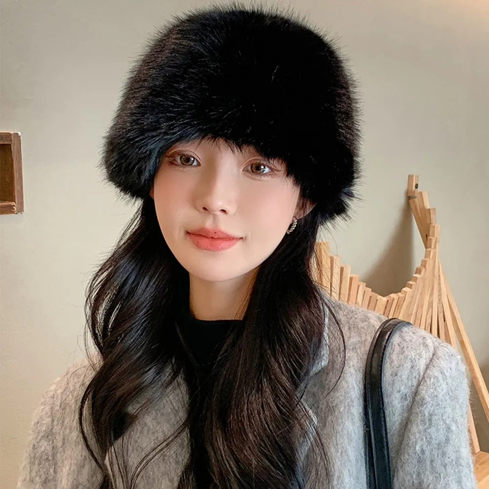 HOT Women's Winter Fluffy Fur Russian Hat Ear Protection Snow Ski Cap Panama Basin Cap Lady Faux Fox Beanies Plush Fisherman Hat