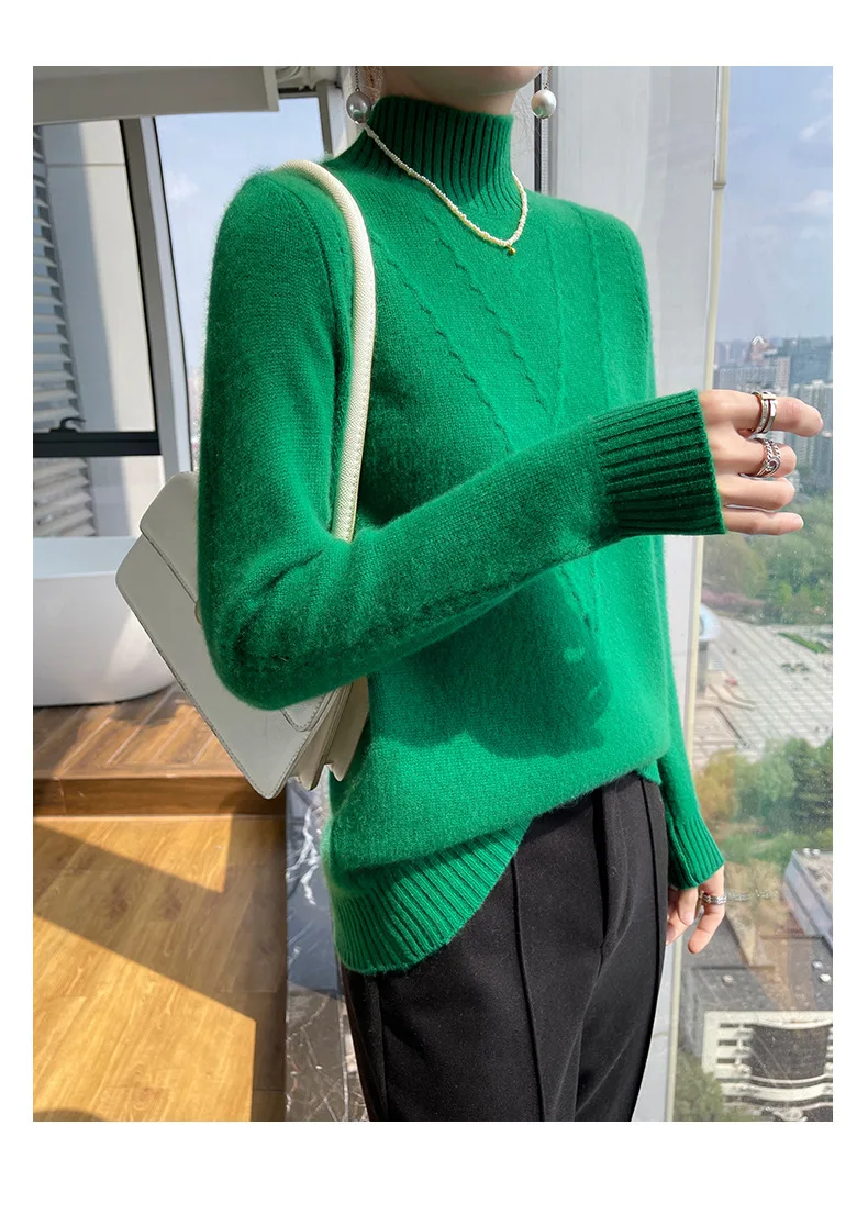 Women Turtleneck Soft Knit Sweater Long Sleeve Hollow Cable Texture Slim Fit Solid Beige Pullover Jumper For Winter Office Daily