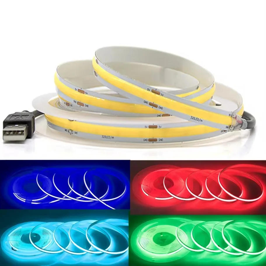 USB COB Lamp Strip DC5V 320LEDs/M White/Red/Pink/Ice Blue/Yellow Cabinet Light Lamp TV Backlight Flexible Ribbon Rope LED Strip